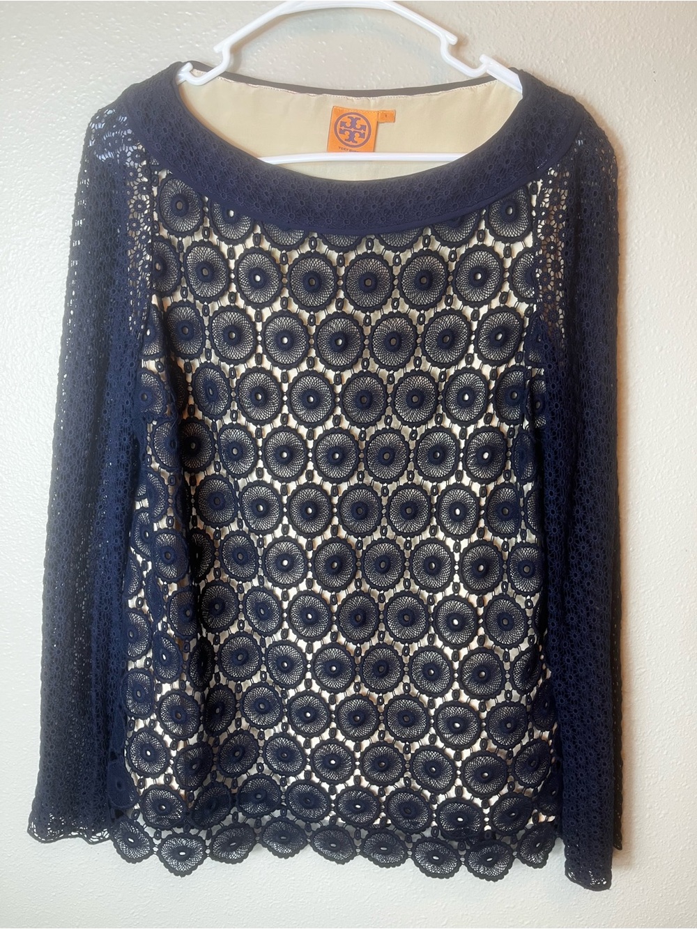 Tory Burch Navy Blue Crochet Janeen Long Sleeve Top Size 8